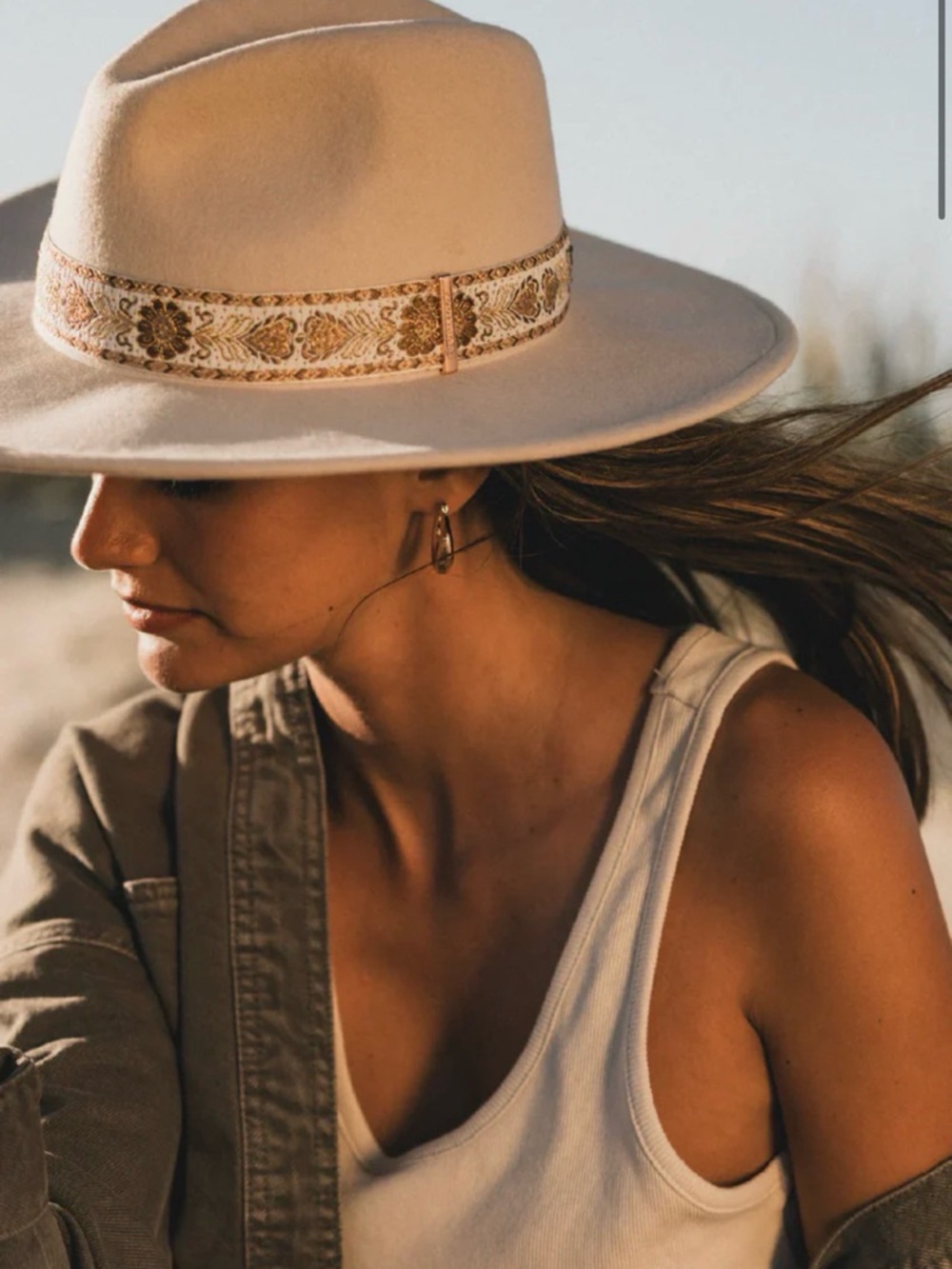 Elwood Fedora- Women's Cream Wide-Brimmed Felt Hat with Decorative Woven Band